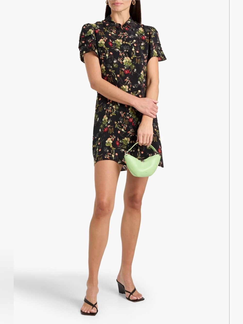 ALICE + OLIVIA Jem Black Floral Print Cupro Mini Shirt Dress Size S Org $440